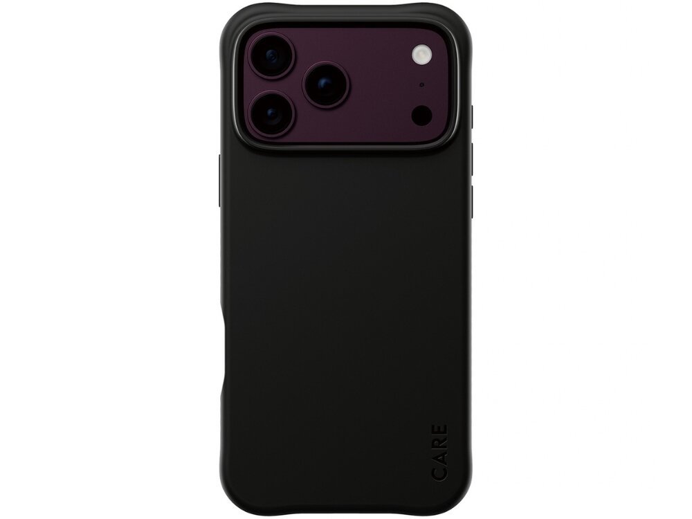 Czarne etui na telefon z trzema widocznymi obiektywami aparatu i napisem \'CARE\' na dole. Etui ma gładką powierzchnię i zaokrąglone krawędzie.