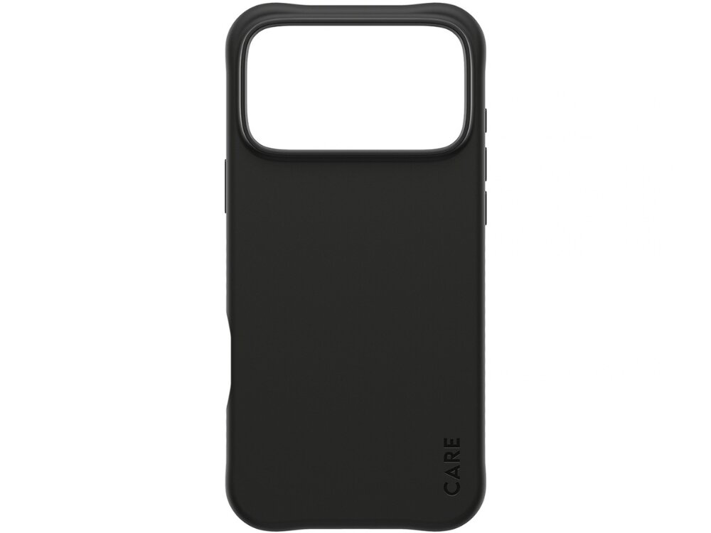 Czarne etui z dużym otworem na aparat, z napisem \'CARE\' w dolnej części.