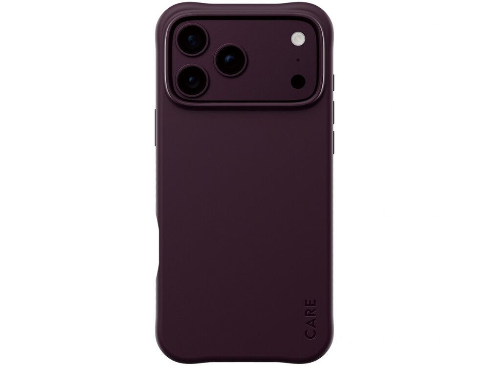 Fioletowe etui na telefon z trzema otworami na aparaty i napisem \'CARE\' na dole. Etui ma gładką powierzchnię i zaokrąglone krawędzie.