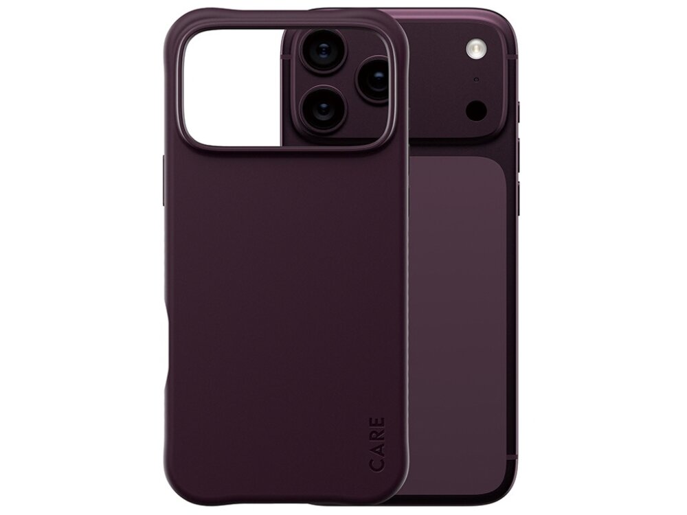 Fioletowe etui na telefon z trzema wycięciami na aparaty i napisem \'CARE\' na dole. W tle widoczny jest telefon z trzema obiektywami aparatu.
