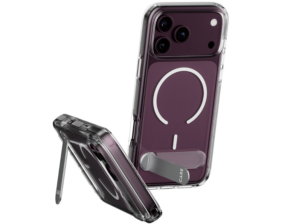 Przezroczyste etui z funkcją stojaka i oznaczeniem MagSafe, przeznaczone do telefonu Apple iPhone. Na etui widoczny jest napis \'CARE\'.