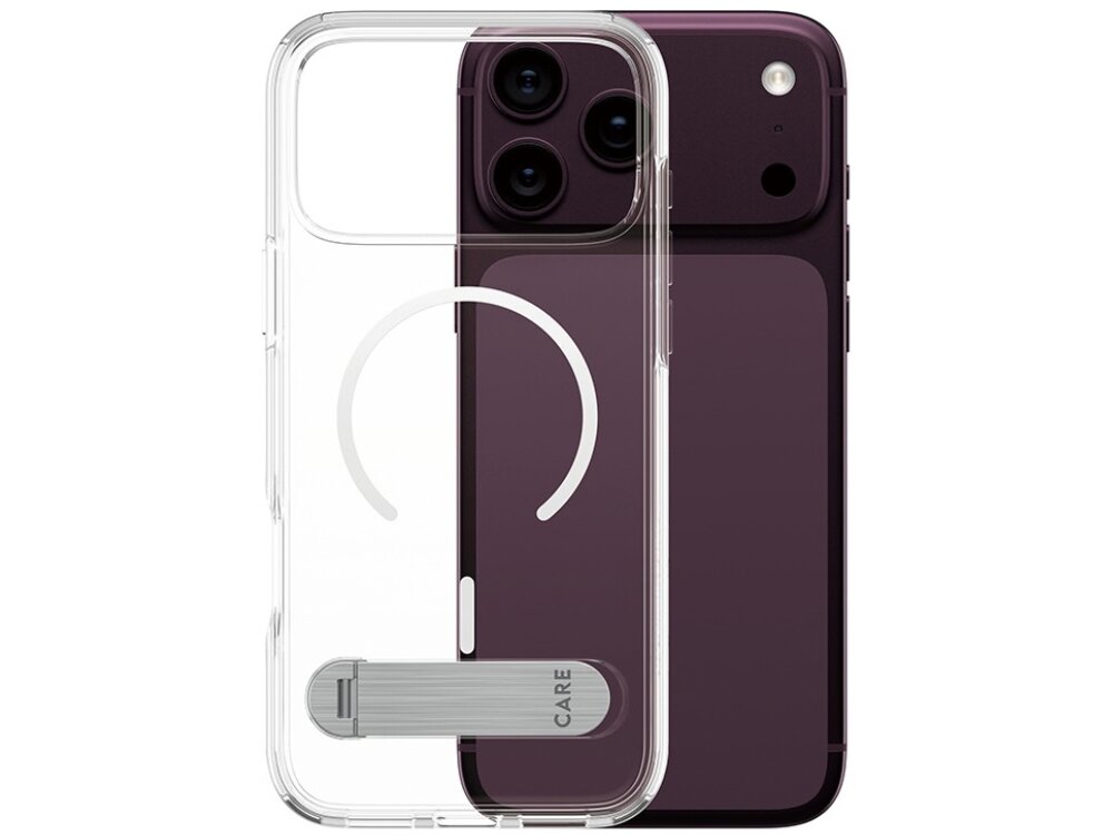Przezroczyste etui z funkcją Kickstand MagSafe, widoczne na tle ciemnego telefonu z trzema aparatami. Na etui znajduje się napis \'CARE\'.