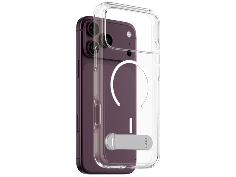 Przezroczyste etui z funkcją kickstandu, widoczne na tle fioletowego telefonu. Na etui znajduje się napis \'CARE\'.