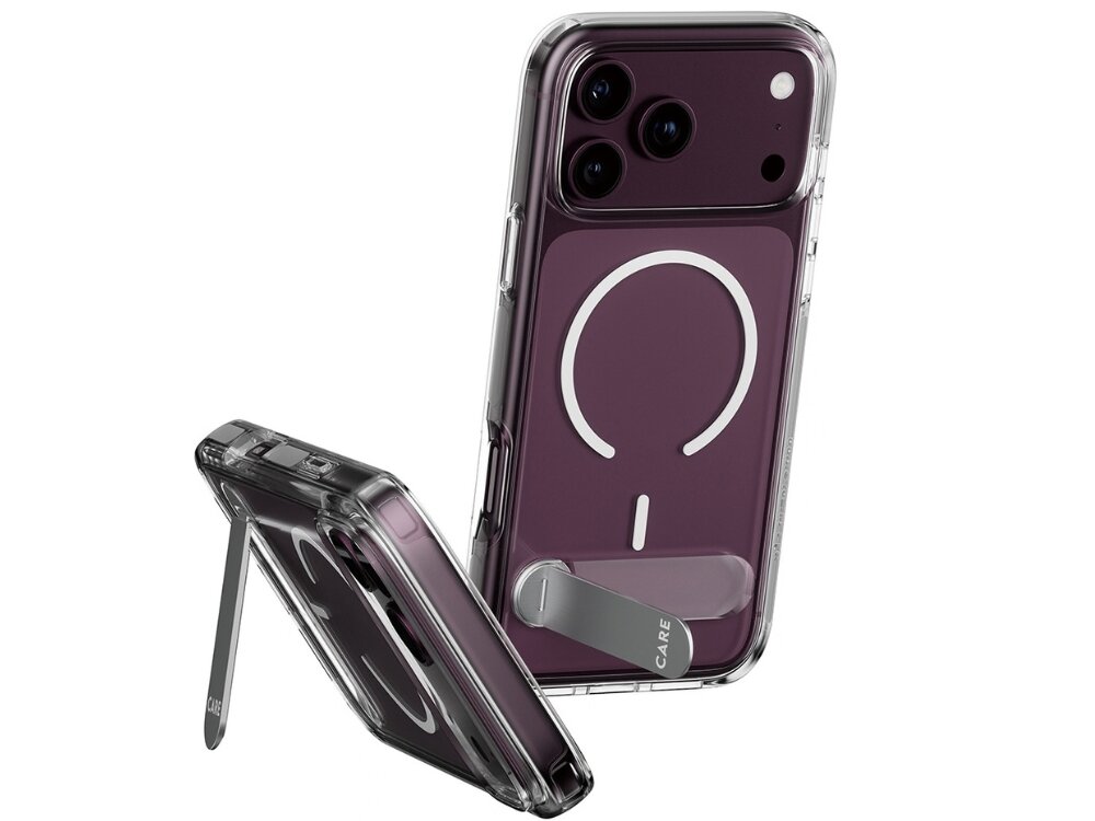 Przezroczyste etui z funkcją Kickstand i oznaczeniem MagSafe, przeznaczone do telefonu z trzema aparatami. Na etui widoczny jest napis \'CARE\'.