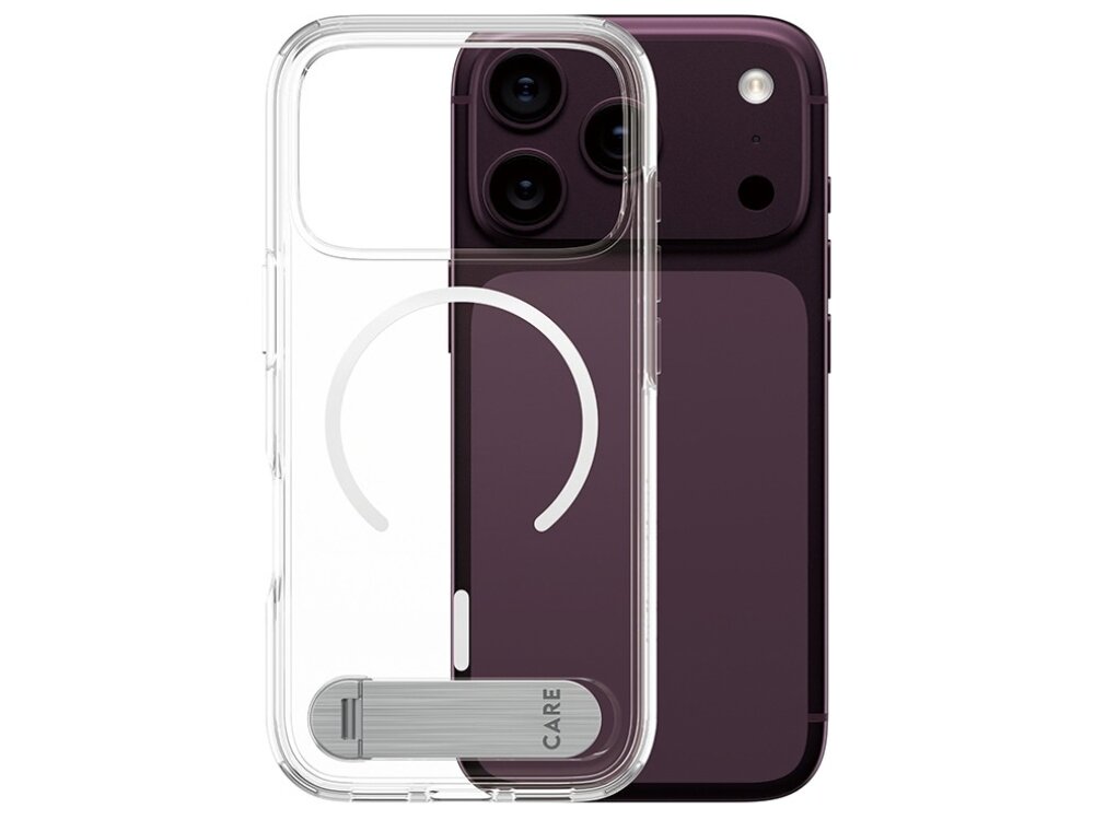 Przezroczyste etui z okrągłym wzorem i metalowym stojakiem z napisem \'CARE\' jest nałożone na ciemny telefon z trzema aparatami.