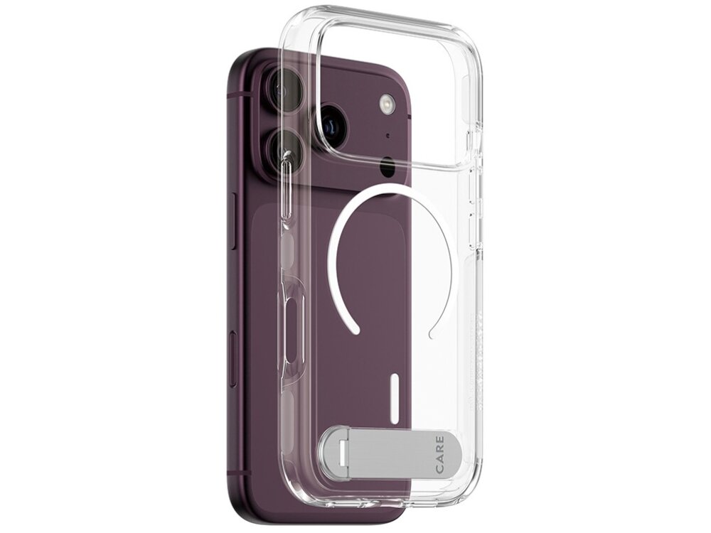 Przezroczyste etui z funkcją kickstand na fioletowym smartfonie z dwoma aparatami. Na etui widoczny jest napis \'CARE\'.