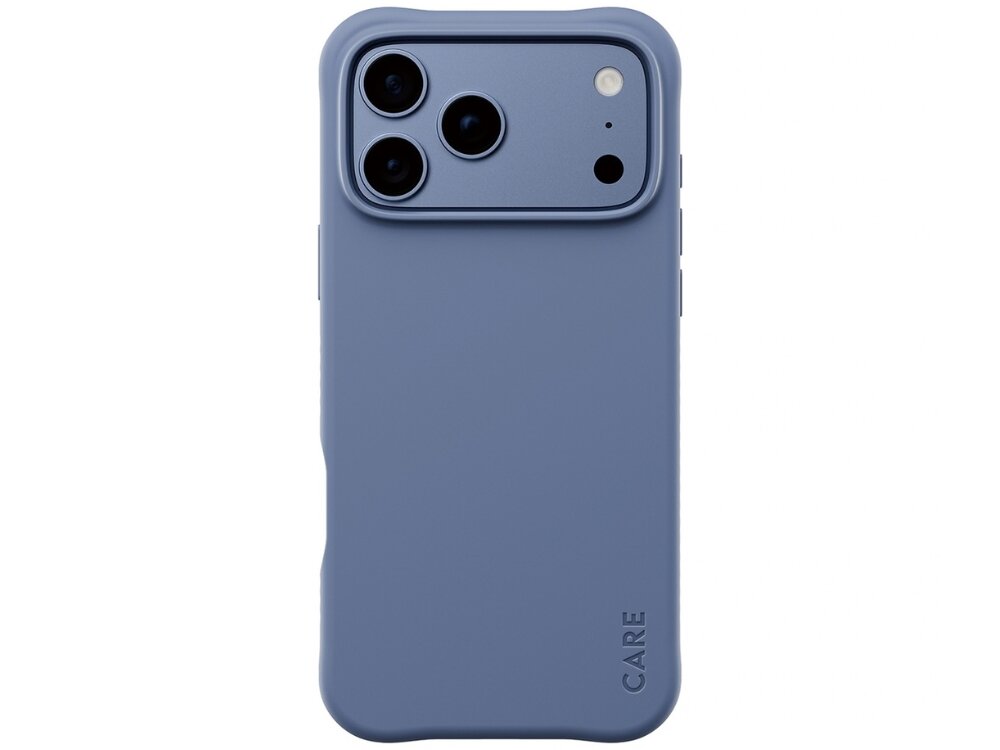 Niebieskie etui na telefon z trzema otworami na aparaty i napisem \'CARE\' w dolnym rogu. Etui ma gładką powierzchnię i zaokrąglone krawędzie.