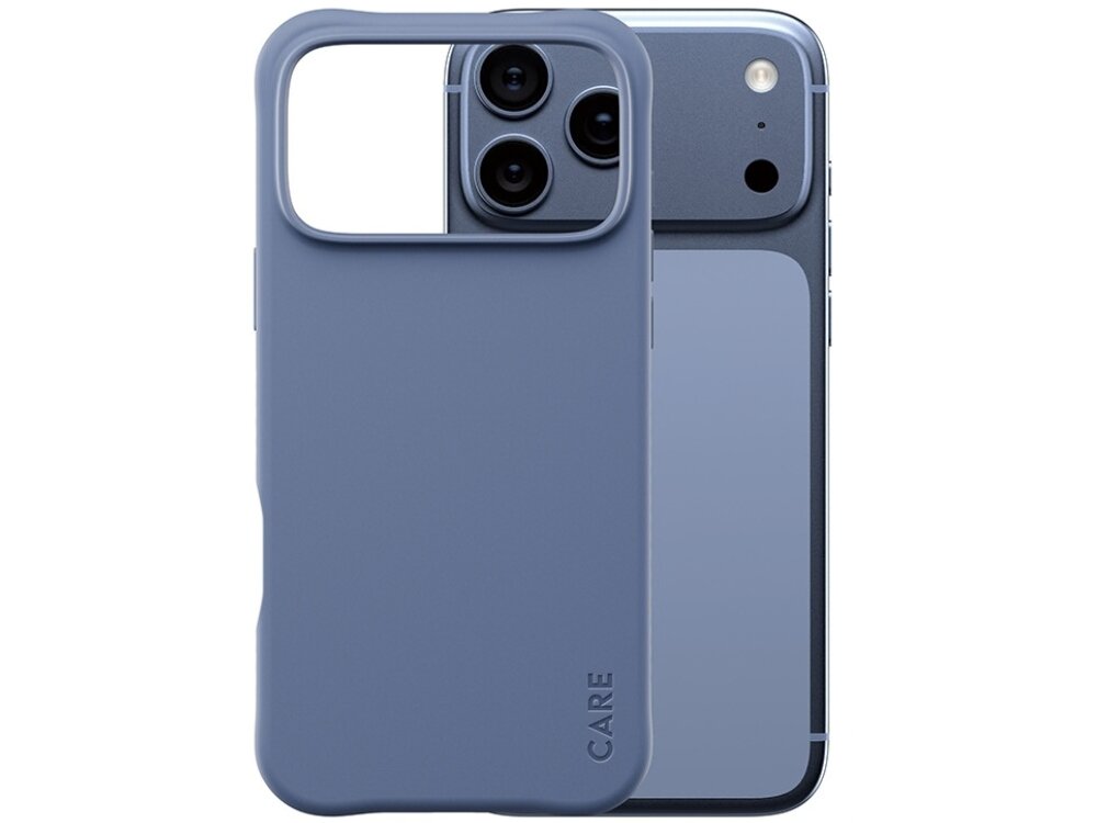Niebieskie etui z napisem \'CARE\' obok smartfona z trzema widocznymi obiektywami aparatu.