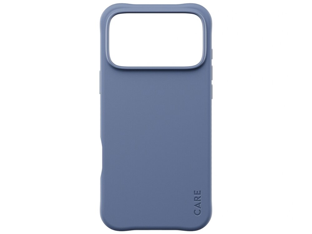 Niebieskie etui na telefon z dużym otworem na aparat i napisem \'CARE\' w dolnej części. Etui ma gładką powierzchnię i zaokrąglone krawędzie.