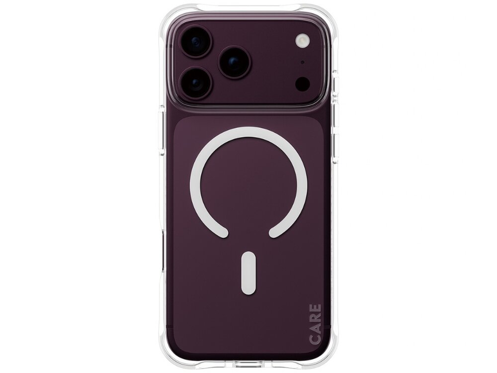 Przezroczyste etui na telefon z widocznym symbolem MagSafe w kształcie okręgu i pionowej kreski. W dolnym rogu znajduje się napis \'CARE\'.