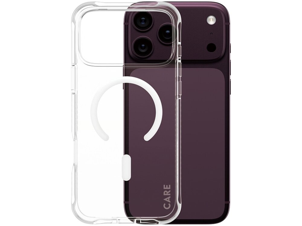 Przezroczyste etui z okrągłym wzorem na tylnej części, obok telefonu z trzema aparatami i napisem \'CARE\'.