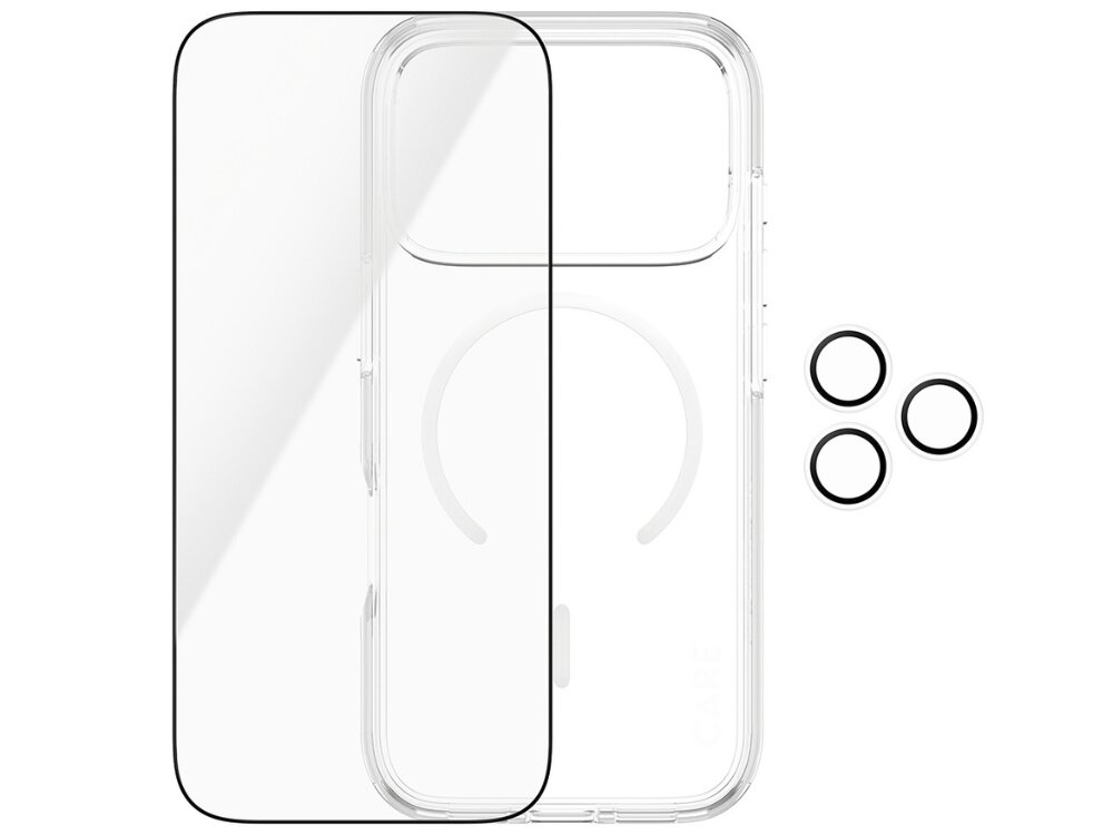 Na obrazie widoczne jest przezroczyste etui na telefon, szkło ochronne oraz trzy okrągłe elementy przypominające osłony na obiektyw. Etui ma wycięcie na aparat i oznaczenie \'CARE\'.