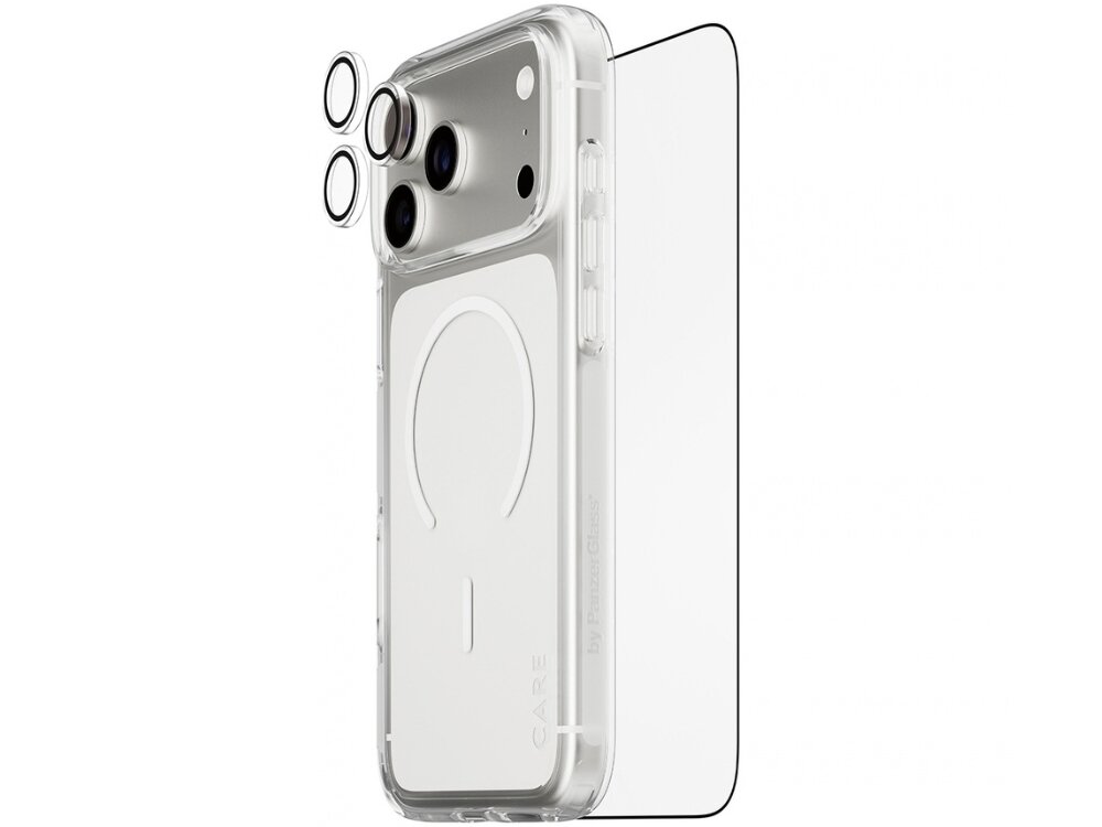 Przezroczyste etui na telefon z widocznymi trzema obiektywami aparatu oraz dodatkowym szkłem ochronnym. Na etui znajduje się napis \'CARE\' oraz \'PANZERGLASS\'.