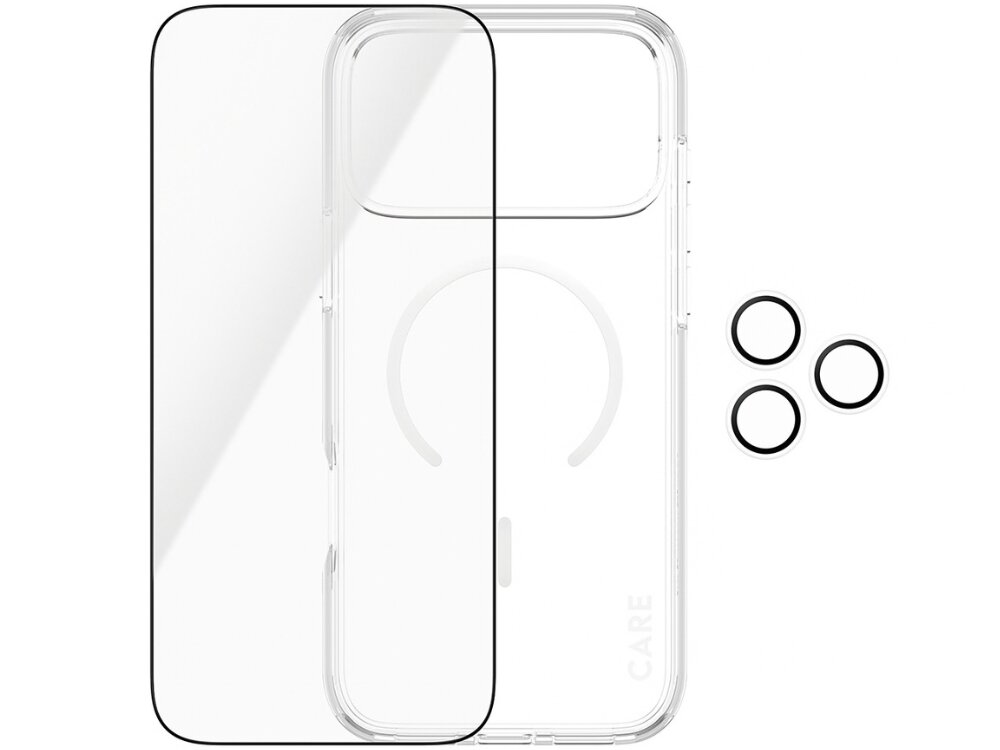 Na obrazie widoczne jest przezroczyste etui na telefon, szkło ochronne oraz trzy okrągłe pierścienie. Na etui znajduje się napis \'CARE\'.