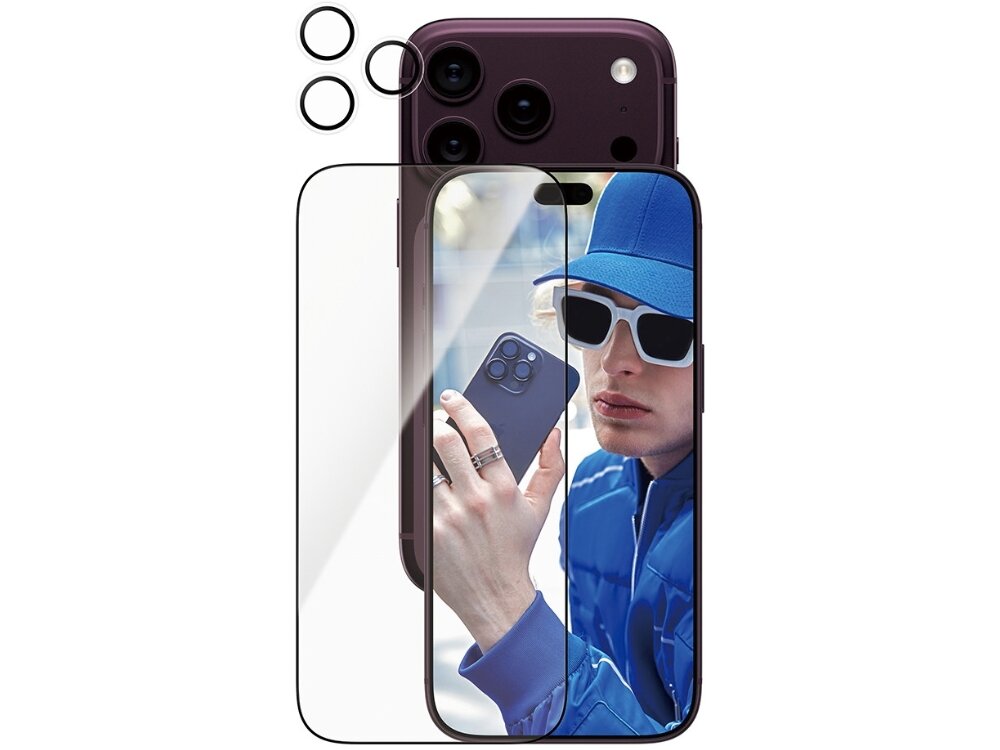 Na obrazie widoczny jest telefon z trzema obiektywami aparatu oraz przezroczysta osłona ekranu. W tle znajduje się osoba w niebieskiej kurtce i czapce, trzymająca telefon.