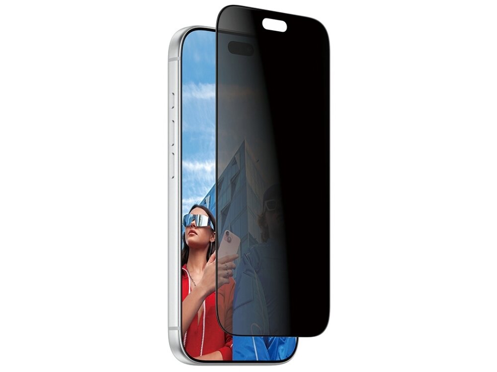 Obraz przedstawia smartfon z nałożonym szkłem prywatyzującym, które częściowo zasłania ekran. Na ekranie widoczna jest kobieta w okularach przeciwsłonecznych trzymająca telefon.