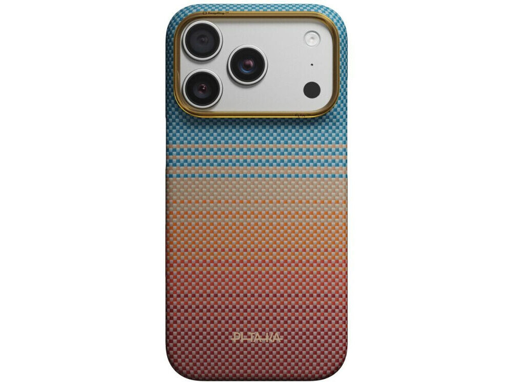 Etui na telefon z gradientowym wzorem w kolorach niebieskim, beżowym i pomarańczowym, z trzema otworami na aparaty. Na dole widoczny jest napis \'PITAKA\'.
