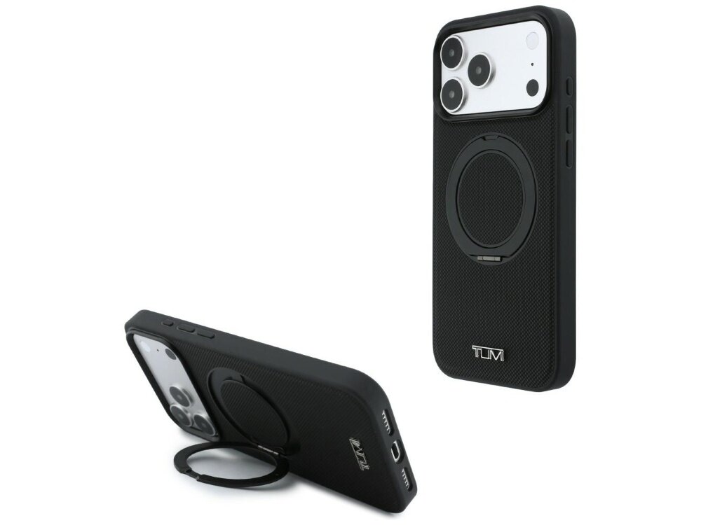 Czarne etui na telefon z pierścieniem do podtrzymywania, widoczne logo \'TUMI\'. Etui jest kompatybilne z MagSafe i ma teksturowaną powierzchnię.