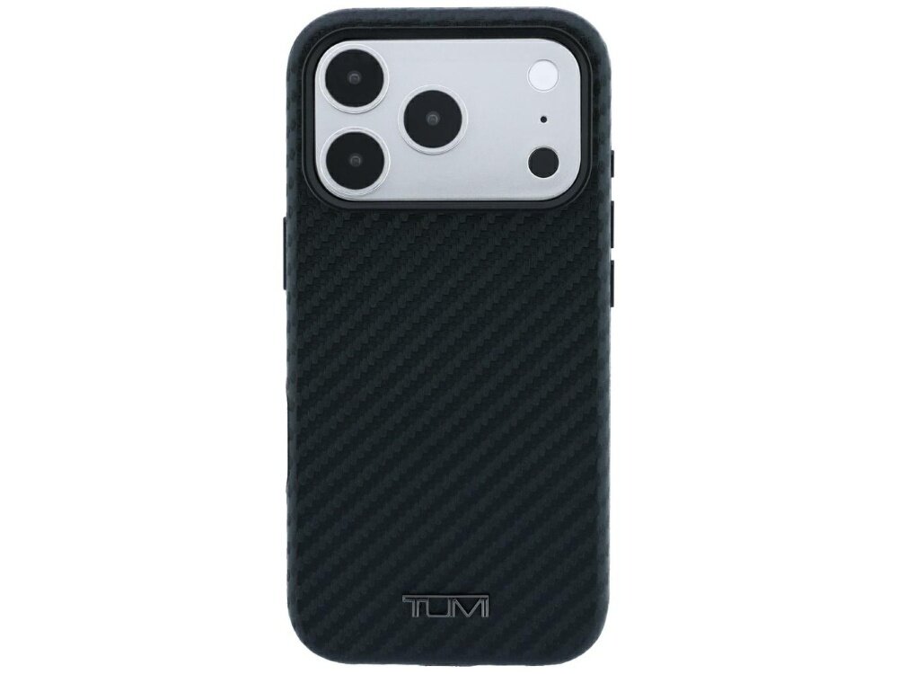Czarne etui z teksturą w stylu karbonowym, z trzema otworami na aparaty i logo \'TUMI\' na dole.