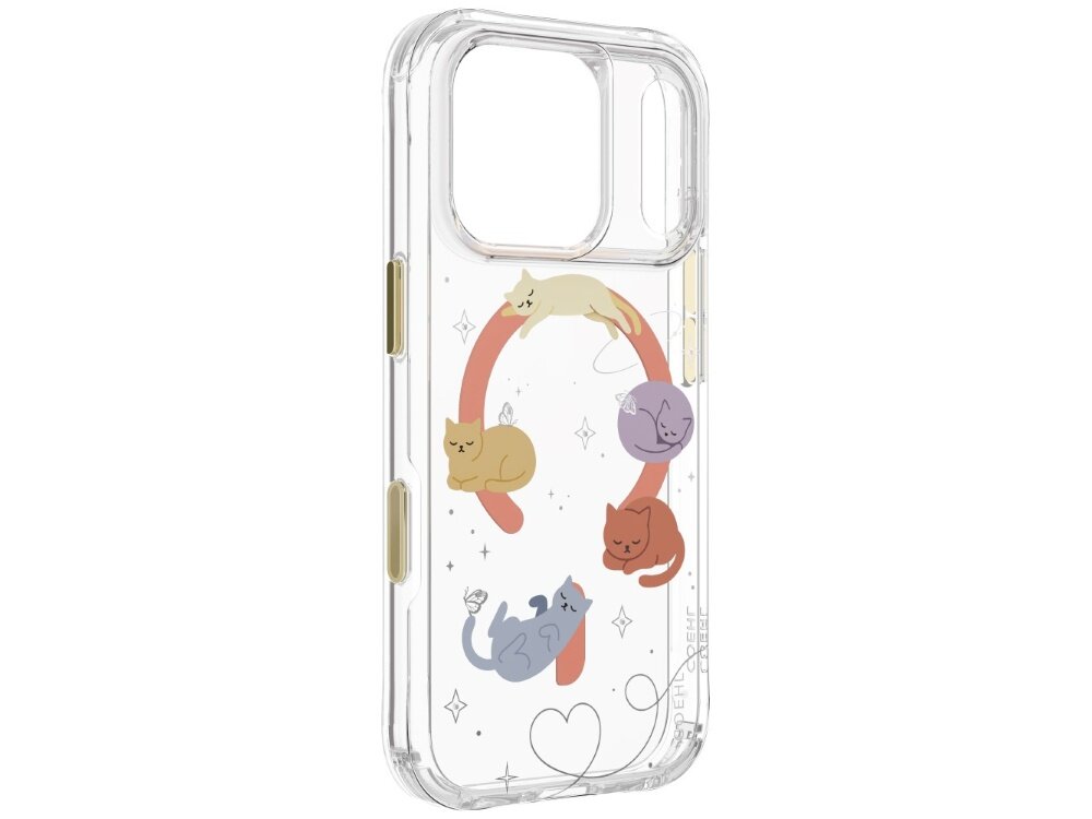 Etui UNIQ Coehl Elysia, obudowa Hardcase bez telefonu, widoczne wycięcia na aparat, osłony przycisków, transparentne boki oraz dekoracyjny wzór ze śpiącymi kotkami, tęczą i gwiazdkami