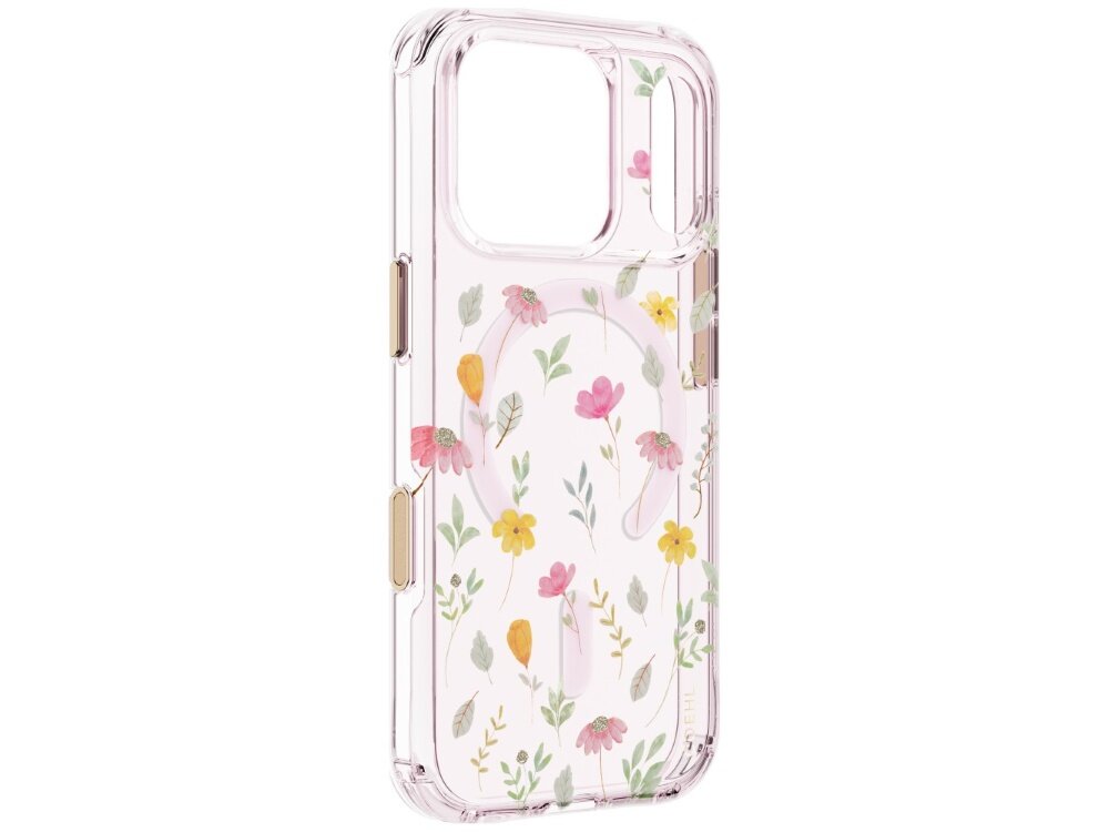 Etui UNIQ Coehl Evie, obudowa Hardcase bez telefonu, widoczne wycięcie na aparat, osłony przycisków, półprzezroczyste plecki oraz dekoracyjny wzór z kwiatami, listkami i pierścieniem magnetycznym