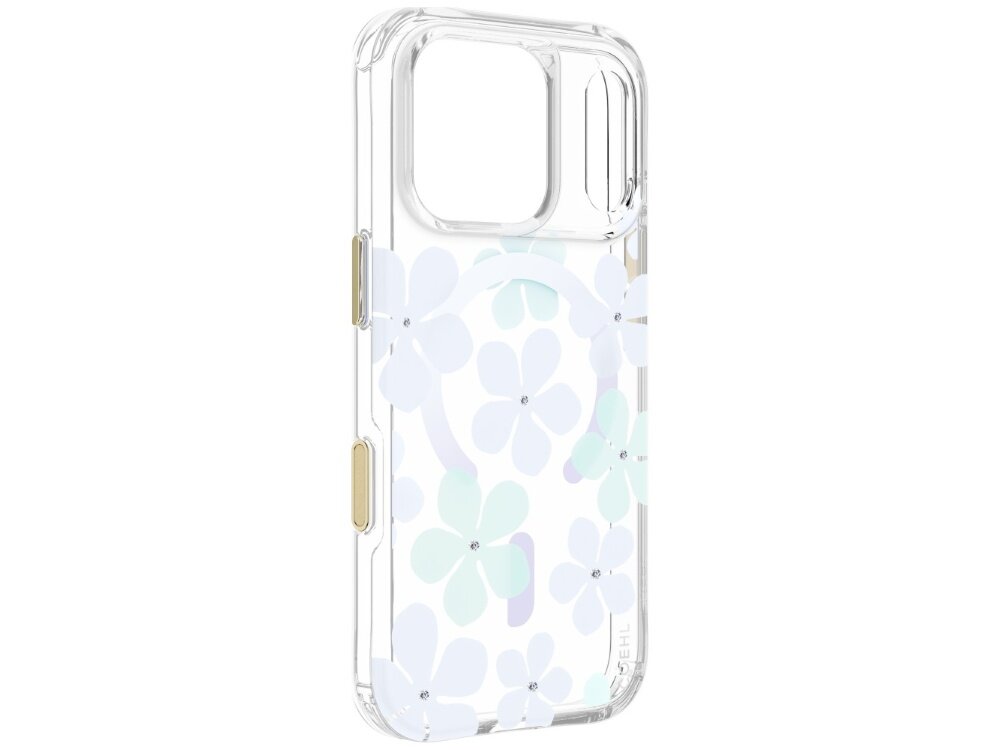 Etui UNIQ Coehl Mila, obudowa Hardcase bez telefonu, widoczne wycięcie na aparat, osłony przycisków, transparentne boki oraz dekoracyjny wzór z kwiatami i pierścieniem magnetycznym
