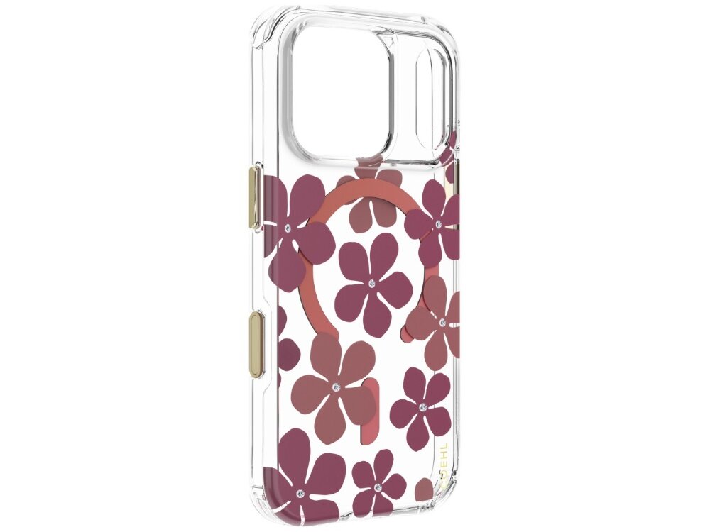 Etui UNIQ Coehl Mila, obudowa Hardcase bez telefonu, widoczne wycięcie na aparat, osłony przycisków, transparentne boki oraz dekoracyjny wzór z kwiatami i pierścieniem magnetycznym