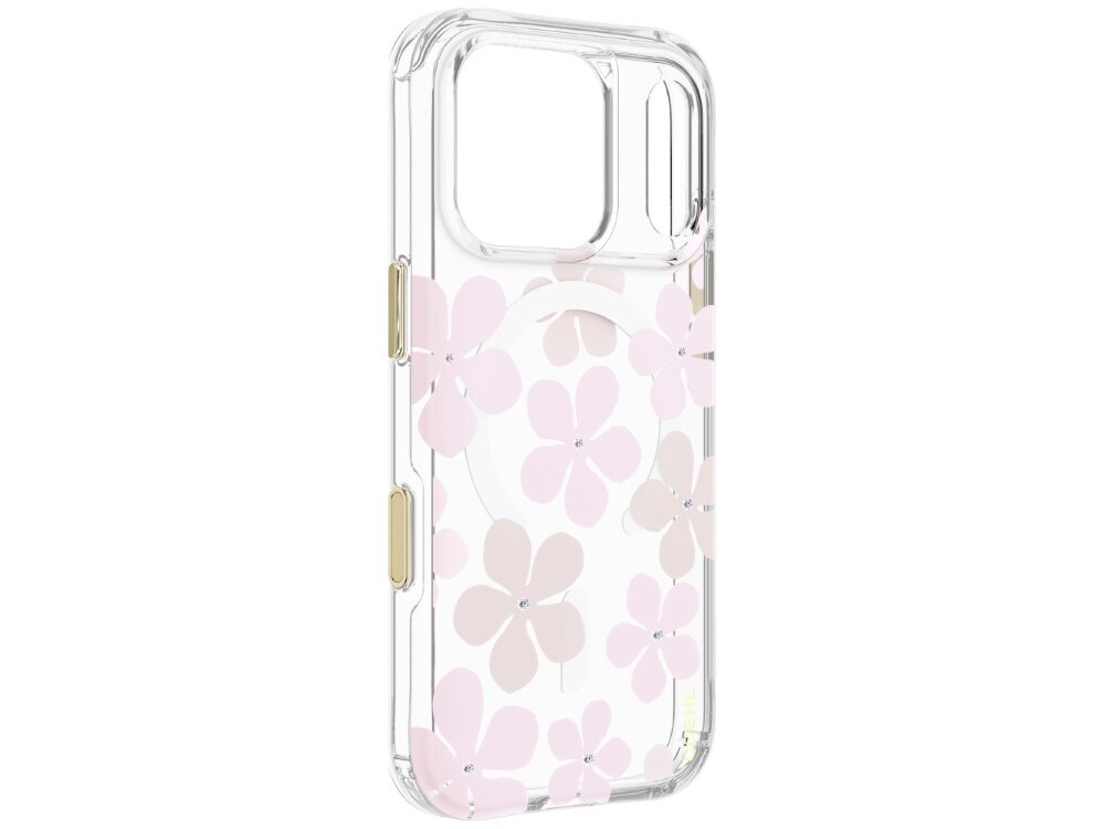Etui UNIQ Coehl Mila, obudowa Hardcase bez telefonu, widoczne wycięcie na aparat, osłony przycisków, transparentne boki oraz dekoracyjny wzór z kwiatami i pierścieniem magnetycznym