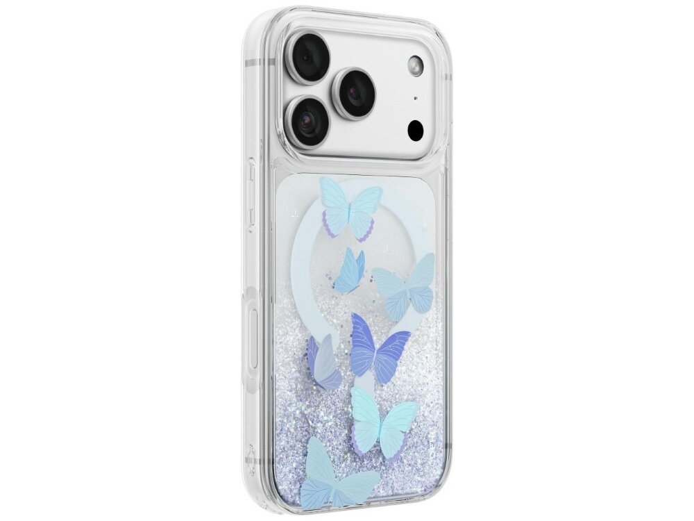 Etui UNIQ Coehl Aria, przezroczyste etui na iPhone z motywem motyli, mieniącymi się cekinami i magnetycznym pierścieniem, widok pod kątem