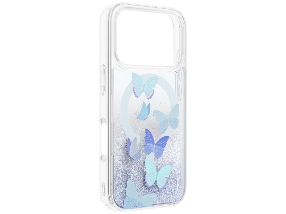 Etui UNIQ Coehl Aria, przezroczysta obudowa Hardcase bez telefonu, widoczne elastyczne boki, osłony przycisków, wycięcie na aparat, magnetyczny pierścień oraz dekoracja z motylami i cekinami