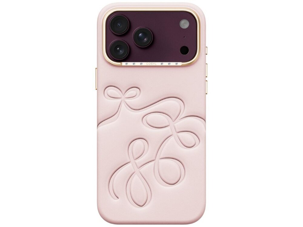 Etui w kolorze różowym z wytłoczonym wzorem przypominającym pętle. Widoczne są trzy obiektywy aparatu oraz napis \'COEHL\'.