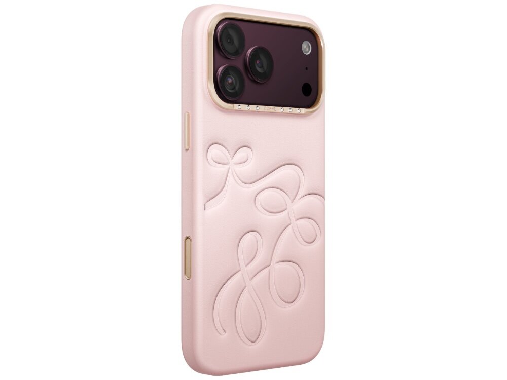 Różowe etui na telefon z wytłoczonym wzorem w formie pętli. Etui posiada wycięcia na aparat i przyciski boczne.