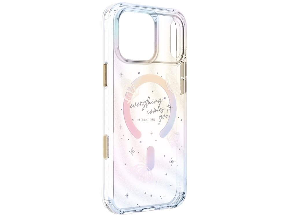Etui UNIQ Coehl Ellie, obudowa Hardcase bez telefonu, widoczne wycięcie na aparat, osłony przycisków, transparentne boki oraz dekoracyjny wzór z motylami, gwiazdkami i pierścieniem magnetycznym