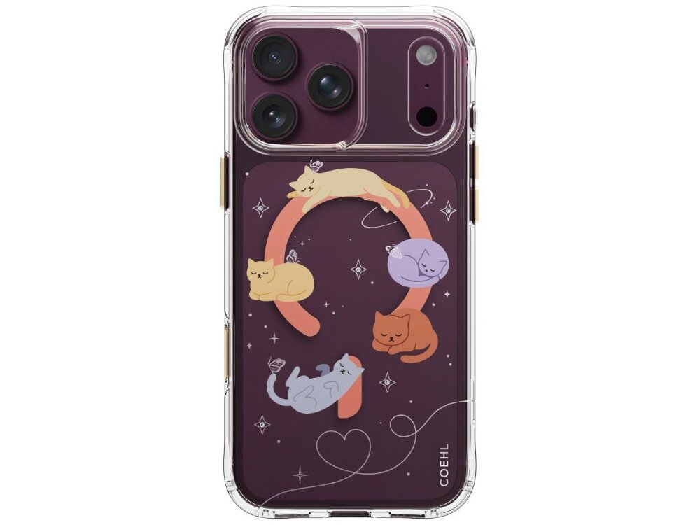 Etui UNIQ Coehl Elysia, widok obudowy na telefon od tyłu, śpiące kotki wokół tęczy, gwiazdki, kosmiczne symbole i dekoracyjny pierścień magnetyczny