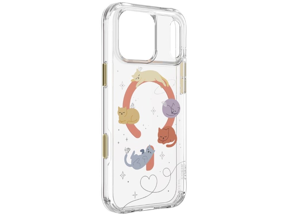 Etui UNIQ Coehl Elysia, obudowa Hardcase bez telefonu, widoczne wycięcia na aparat, osłony przycisków, transparentne boki oraz dekoracyjny wzór ze śpiącymi kotkami, tęczą i gwiazdkami