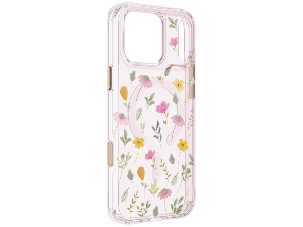 Etui UNIQ Coehl Evie, obudowa Hardcase bez telefonu, widoczne wycięcie na aparat, osłony przycisków, półprzezroczyste plecki oraz dekoracyjny wzór z kwiatami, listkami i pierścieniem magnetycznym