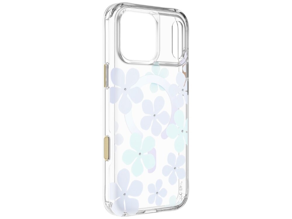 Etui UNIQ Coehl Mila, obudowa Hardcase bez telefonu, widoczne wycięcie na aparat, osłony przycisków, transparentne boki oraz dekoracyjny wzór z kwiatami i pierścieniem magnetycznym
