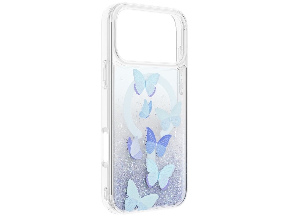 Etui UNIQ Coehl Aria, przezroczysta obudowa Hardcase bez telefonu, widoczne elastyczne boki, osłony przycisków, wycięcie na aparat, magnetyczny pierścień oraz dekoracja z motylami i cekinami