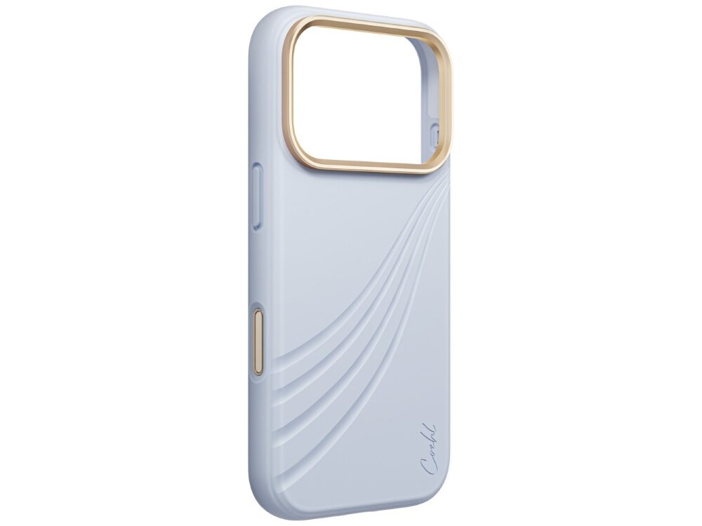 Etui UNIQ Coehl Serina, obudowa bez telefonu, widoczne wycięcie na aparat, metaliczne obramowanie, osłony przycisków, silikonowa powierzchnia z falistymi tłoczeniami i logo Coehl