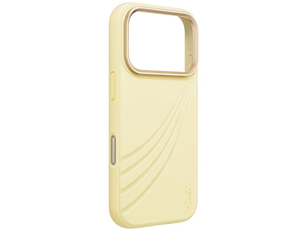 Etui UNIQ Coehl Serina, obudowa bez telefonu, widoczne wycięcie na aparat, metaliczne obramowanie, osłony przycisków, silikonowa powierzchnia z falistymi tłoczeniami i logo Coehl
