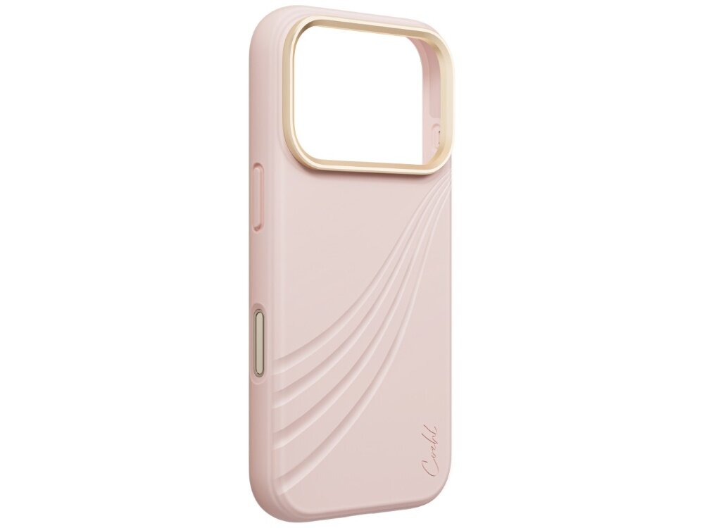 Etui UNIQ Coehl Serina, obudowa bez telefonu, widoczne wycięcie na aparat, metaliczne obramowanie, osłony przycisków, silikonowa powierzchnia z falistymi tłoczeniami i logo Coehl
