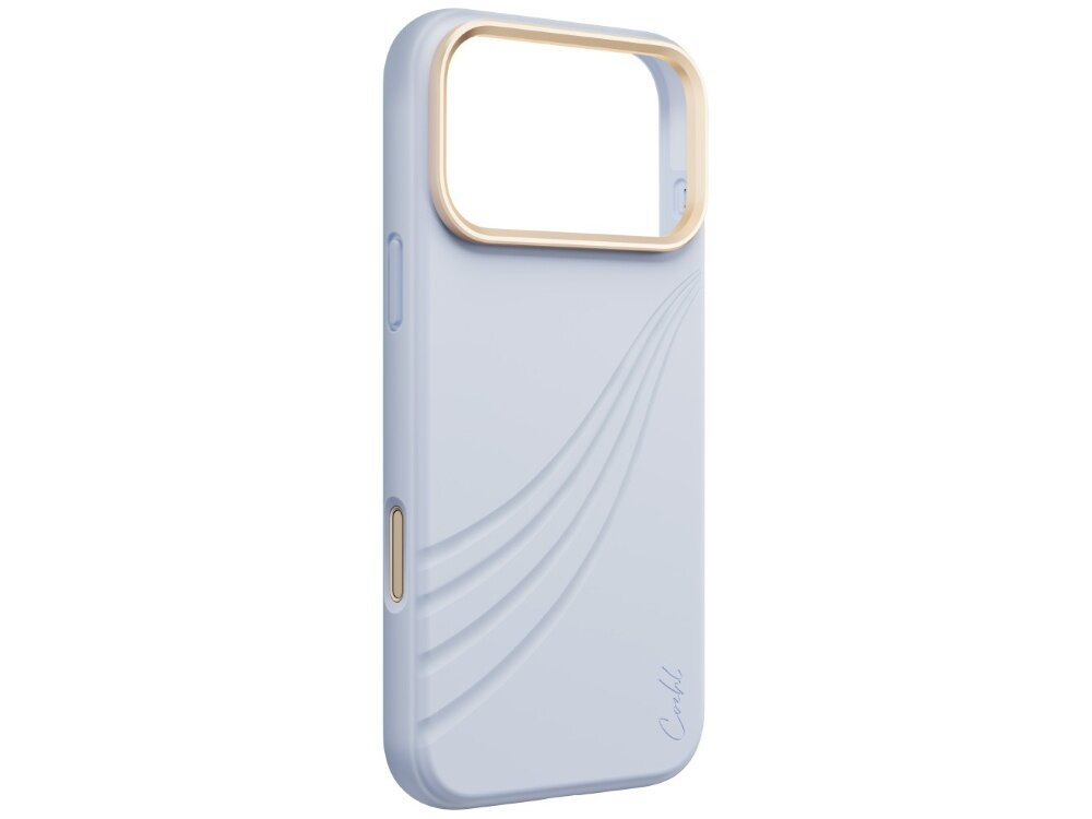 Etui UNIQ Coehl Serina, obudowa bez telefonu, widoczne wycięcie na aparat, metaliczne obramowanie, osłony przycisków, silikonowa powierzchnia z falistymi tłoczeniami i logo Coehl