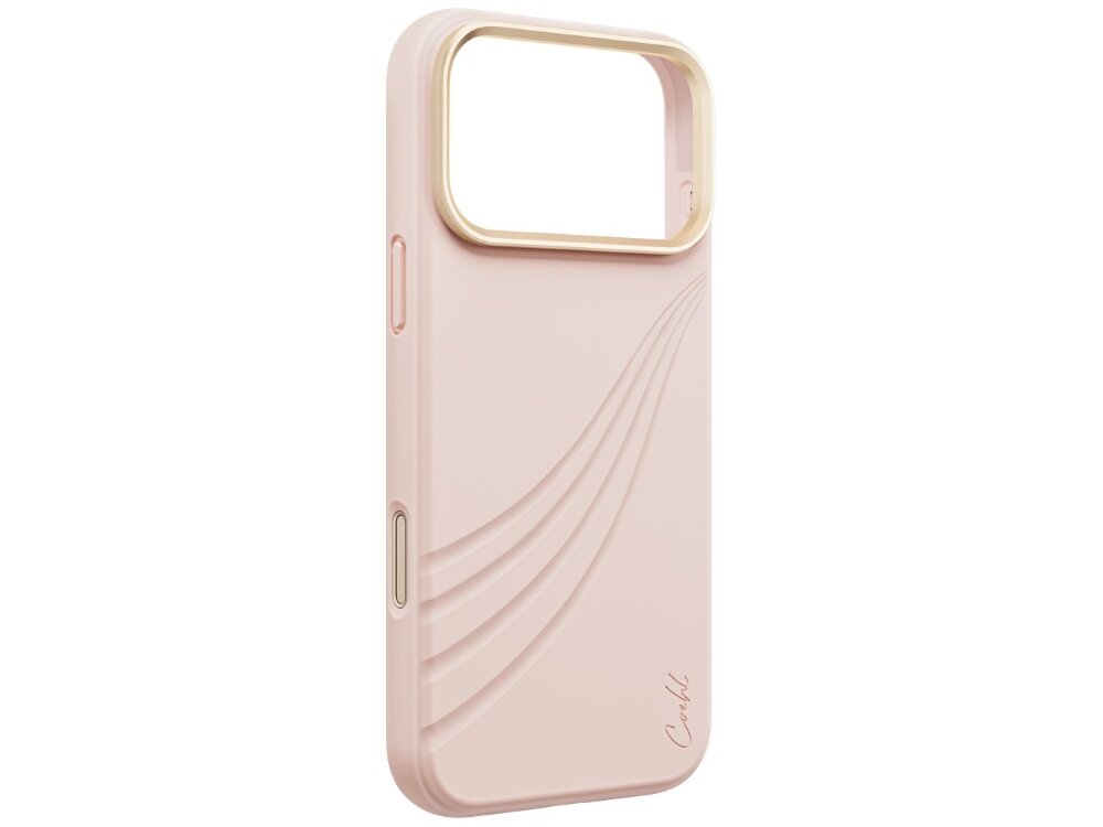 Etui UNIQ Coehl Serina, obudowa bez telefonu, widoczne wycięcie na aparat, metaliczne obramowanie, osłony przycisków, silikonowa powierzchnia z falistymi tłoczeniami i logo Coehl