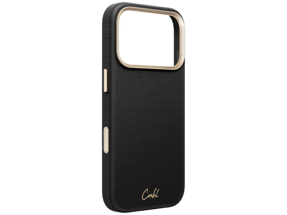 Etui UNIQ Coehl Mirelle, obudowa bez telefonu, widoczne wycięcie na aparat, metaliczne obramowanie, osłony przycisków, faktura skóry ekologicznej i logo Coehl