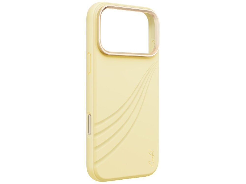 Etui UNIQ Coehl Serina, obudowa bez telefonu, widoczne wycięcie na aparat, metaliczne obramowanie, osłony przycisków, silikonowa powierzchnia z falistymi tłoczeniami i logo Coehl
