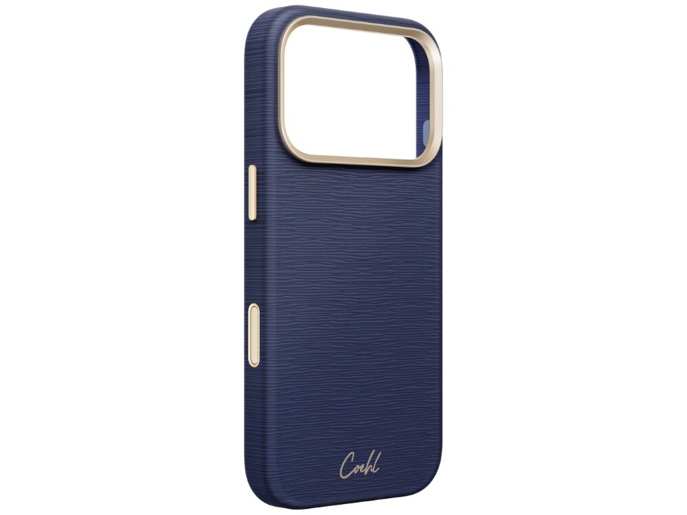 Etui UNIQ Coehl Mirelle, obudowa bez telefonu, widoczne wycięcie na aparat, metaliczne obramowanie, osłony przycisków, faktura skóry ekologicznej i logo Coehl