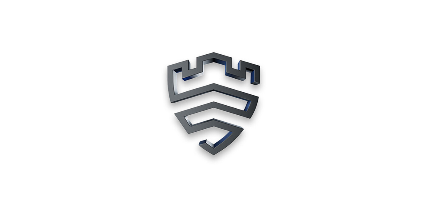 Logo w kształcie stylizowanej tarczy z geometrycznymi wzorami, w kolorze ciemnoszarym na białym tle.