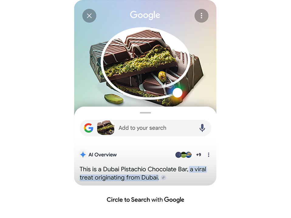 Obraz przedstawia kawałek czekolady z pistacjami, z widocznym tekstem: \'This is a Dubai Pistachio Chocolate Bar, a viral treat originating from Dubai.\'