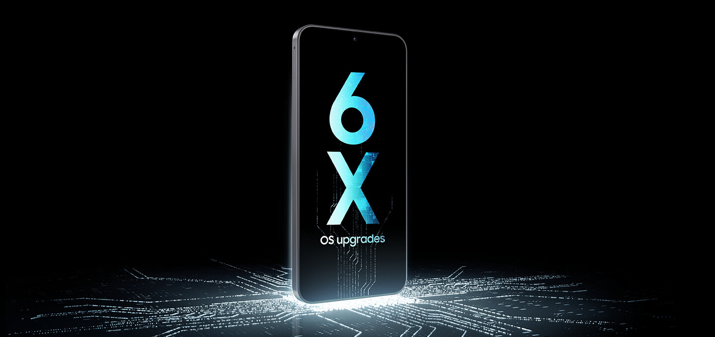 Obraz przedstawia smartfon z wyświetlaczem, na którym widnieje napis \'6X OS upgrades\'. Tło jest ciemne z jasnymi, futurystycznymi wzorami przypominającymi obwody elektroniczne.