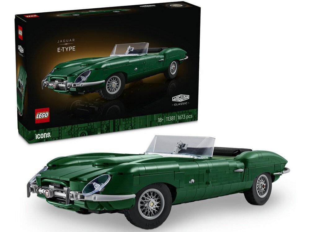 Na obrazie widoczny jest zielony model samochodu z klocków LEGO oraz pudełko z napisem \'JAGUAR E-TYPE\'. Na pudełku znajdują się również logo \'LEGO\' i \'JAGUAR CLASSIC\' oraz informacje \'18+ 11381 1673 pcs\'.